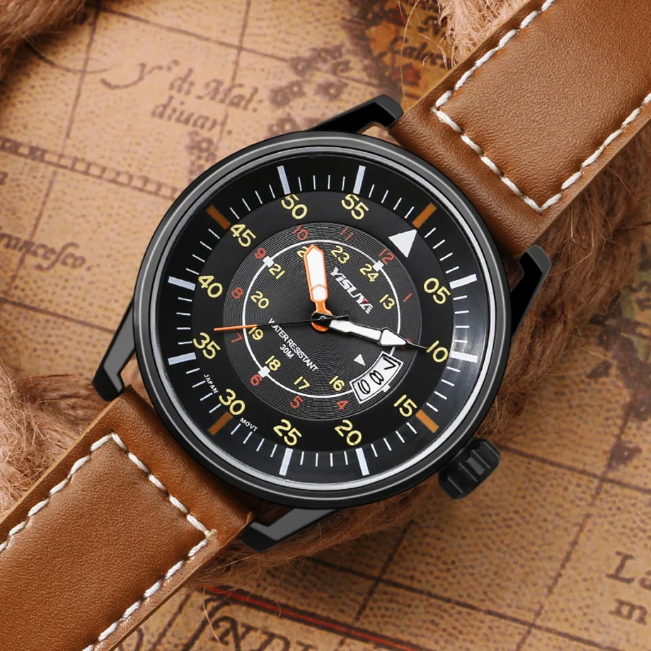 YISUYA Top Men's Watches Date Japan Quartz Watch Male Genuine Leather Sports Military Army Tactical Wristwatch erkek kol saati  (15)