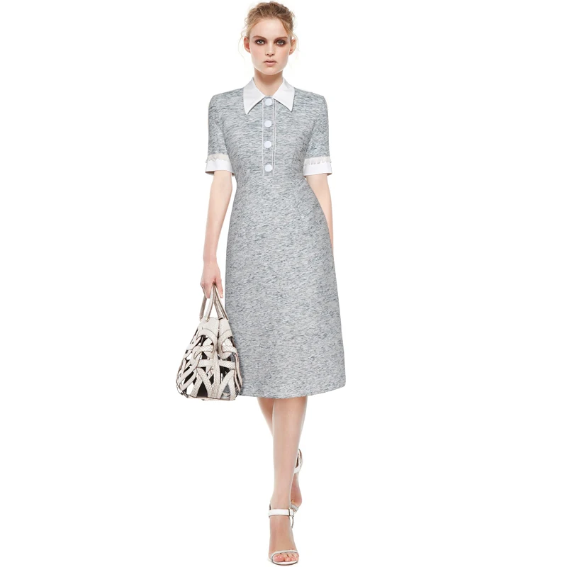 

2018 New Women Colorblock Dress Fashion Turn-Down Collar Short Sleeve Sheath Dresses