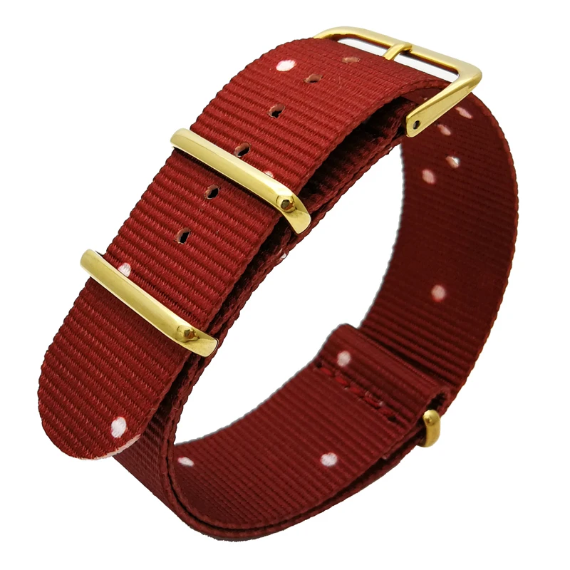 

high quality ballistic nylon nato watch strap 22mm nato style in red white dots pvd black gold stainless steel buckle