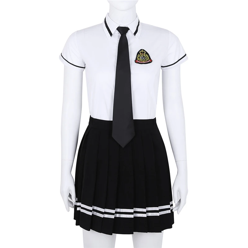 IIXPIN Japanese School Girl Uniform Suit navy sailor Costume T-shirt Black Pleated Skirt with Badge and Tie Sexy Girls Uniform
