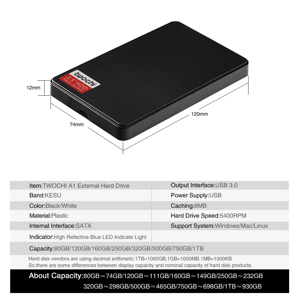 TWOCHI A1 USB3.0 2.5'' External Hard Drive 80GB 120GB 160GB 250GB 320GB 500GB Storage Portable HDD Disk Plug and Play for PC/Mac
