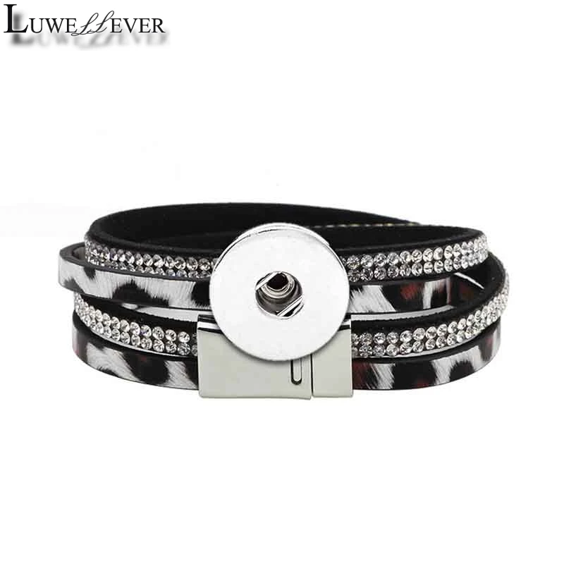 

Fashion Pu Leather Magnet Bangle Leopard Bracelet 134 Crystal 18mm Snap Button Interchangeable Charm Bracelet For Women Gift