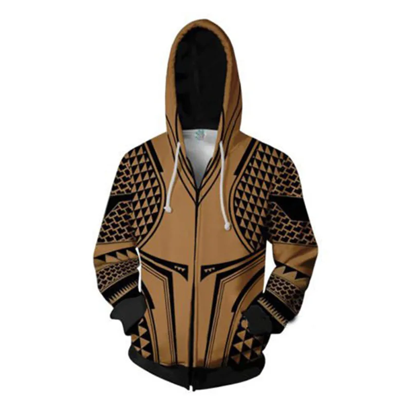 

2019 New 3D Anime Arthur Curry Hooded Aquaman Cosplay Costume Men Hoodies Sweatshirts Pocket Zipper Fashion Hoody