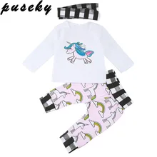Puseky 3pcs Set Long Sleeve Pony Print Top Toddler Kid Girls T-shirt Tops +Unicon Long Pants Headbands Outfits Clothes 0-5T