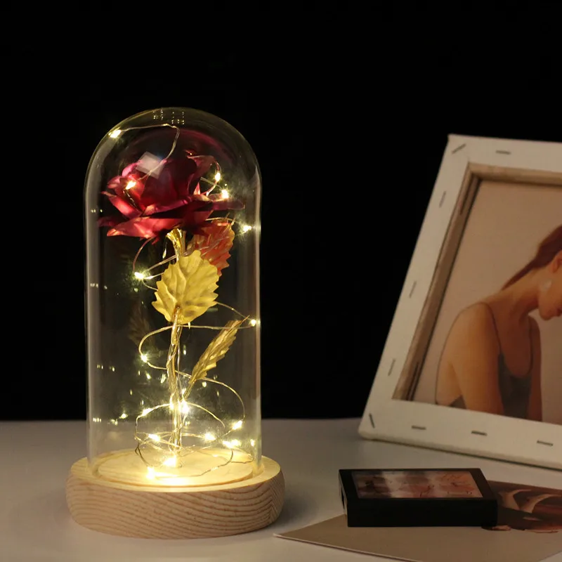 

Romantic LED Light Gold-plated Rose Everlasting flower Glass Cover Home Decoration Crafts Birthday Party Valentine's Day gift