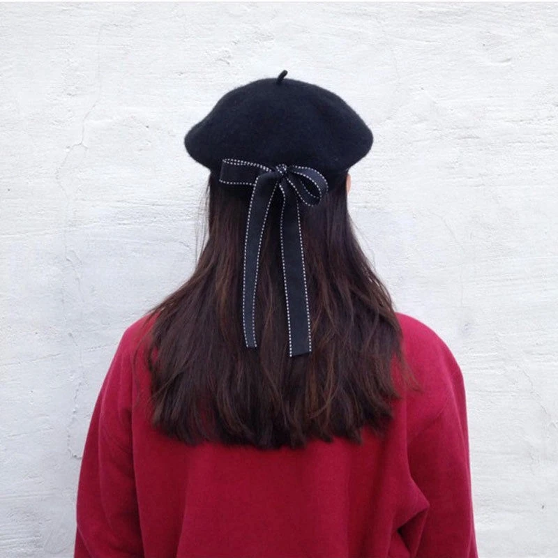 Black with bowknot Женский PU кожаный берет Harajuku баскский берет шляпа с бантом - Цвет: Black with bowknot