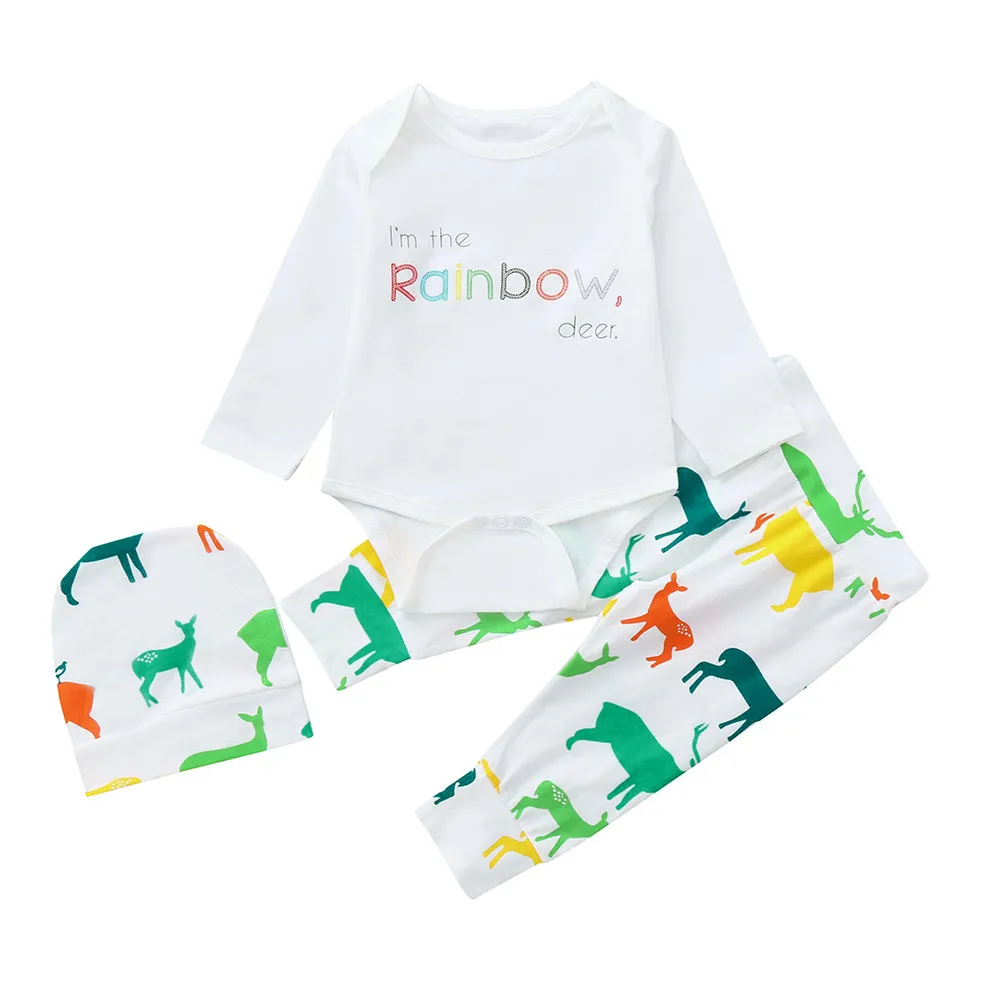  CHAMSGEND Newborn Infant Baby Girl Boy Cotton Blend Letter Rainbow Romper Tops Deer Pants Clothes S