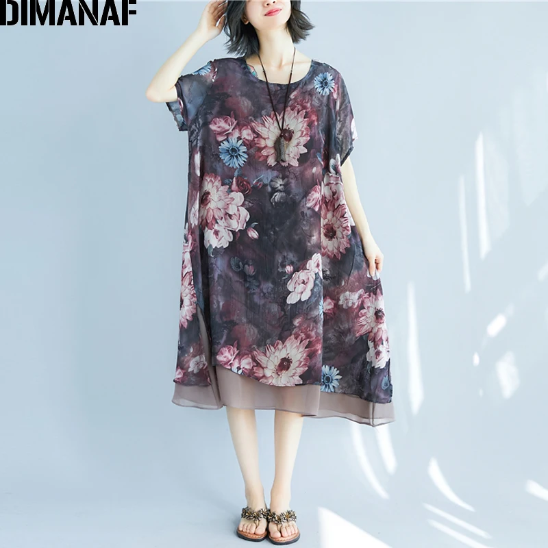 

DIMANAF Women Dress Summer Plus Size Chiffon Beach Holiday Vestidos Loose Print Floral Female Lady Casual Sundress Clothing 2018