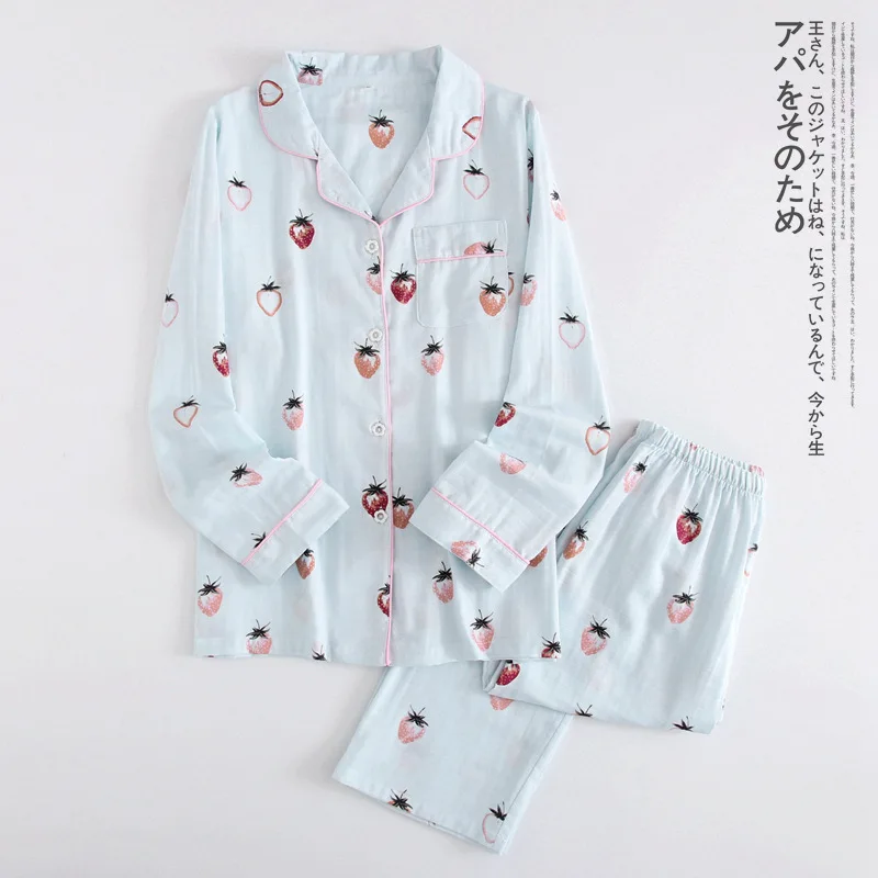 Свежая Пижама "Клубничка" наборы женские марлевые хлопковые новые весенние Уютные домашние пижамы повседневные пижамы с длинными рукавами женские