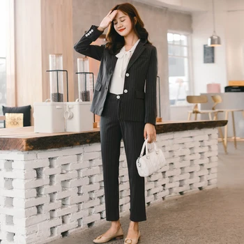 

Autumn New Fashion Stripe Office Lady Two Pcs Set Female Elegant Suit For Women