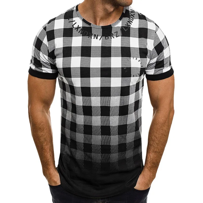 

MJARTORIA2019 Male Summer High Quality Print Polyester Casual Men Short Street Sleeve Fashion Crew Neck Plaid Pattern T- Shirt