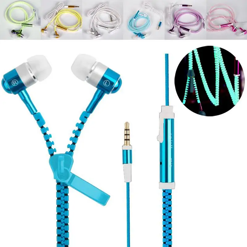 

Glow In The Dark Wired Luminous Headsets Zipper Earphone Headphone w/ Mic