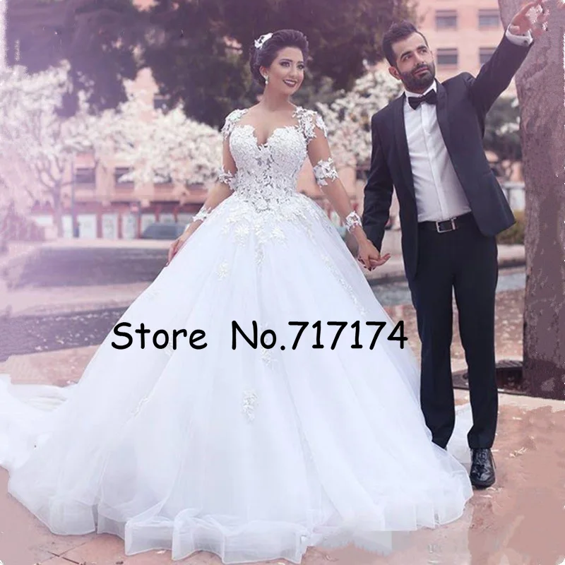 

ScoopTulle Neckless Full Sleeves Ball Gown Applique Wedding Dress Illusion Back Beading Court Train Bridal Dress