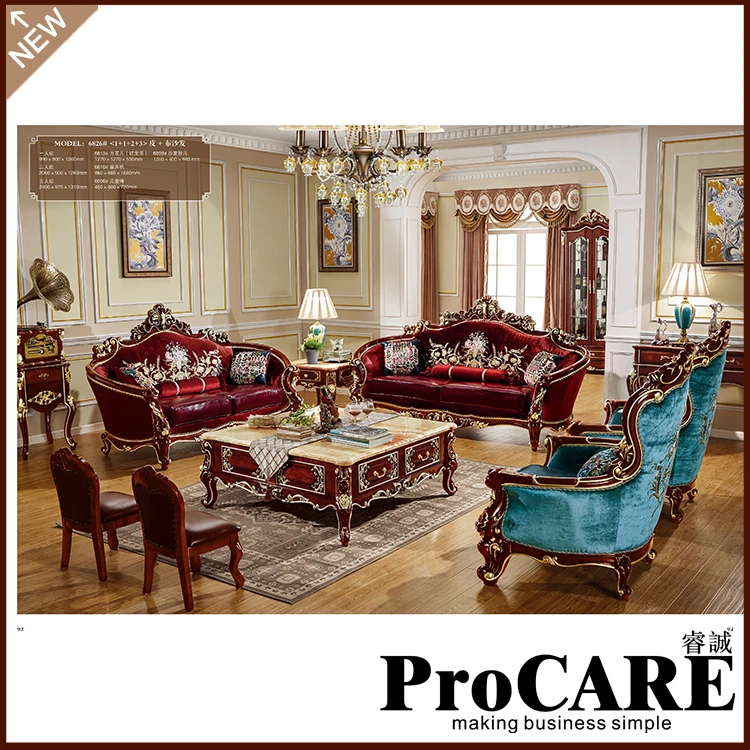 Ручной работы роскошный французский стиль барокко для гостиной классический королевский комплект тканевой мебели 1 + 2 + 3