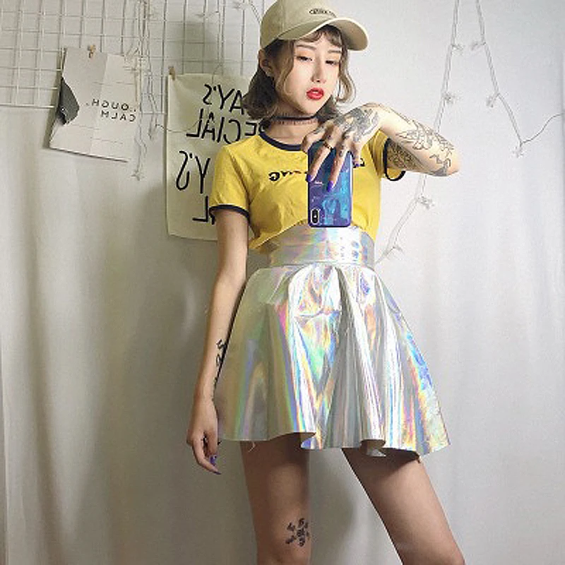 2019 Hip Hop Hologram Shine Laser Silver Soft PU Leather Mini High Waist Korean Streetwear Skirt Pleated Skirt Girl Slim Fashion 2019 Hip Hop Hologram Shine Laser Silver Soft PU Leather Mini High Waist Korean Streetwear Skirt Pleated Skirt Girl Slim Fashion