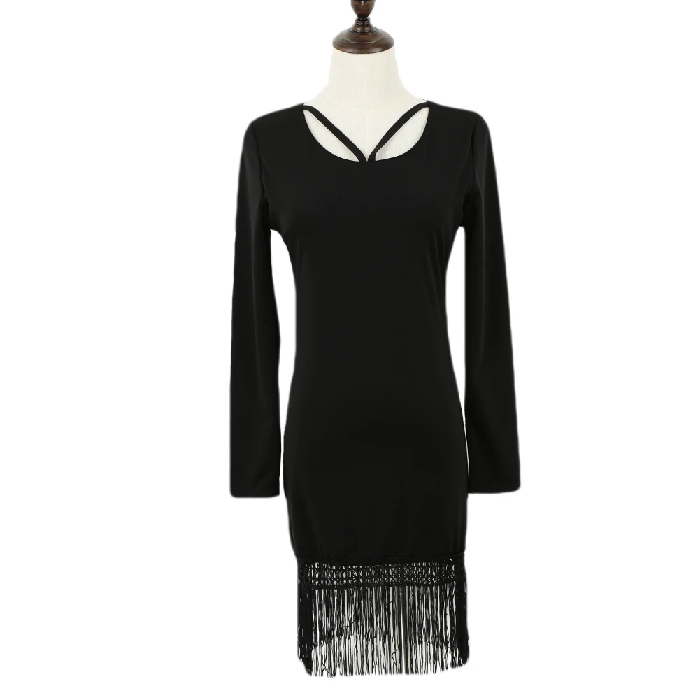 Vestido Sexy coreano de mujer con borla con cremallera y cuello redondo negro Vestido de manga larga ajustado moda Ropa barata China Ropa