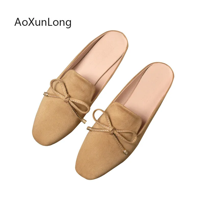 

2019 Brand Designer Slides Mule Shoes Women Sandals Metal Decorate Mules Slippers Bow-knot Flip Flops Low Heels Beach Slippers