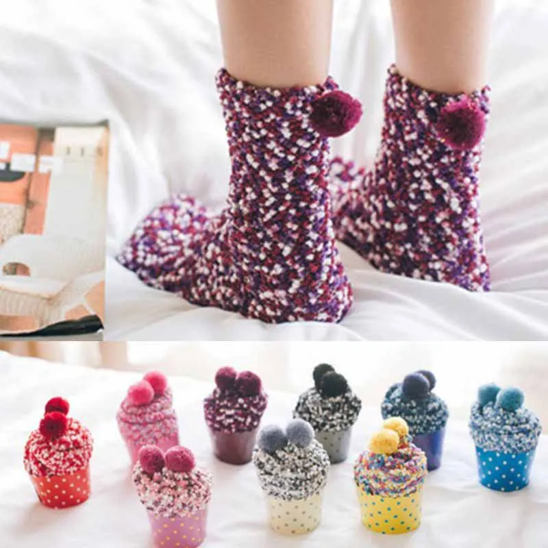 

Women Girls Winter Warm Sweet Cup Cake Cotton Coral Fleece Mid-Calf Long Towel Socks Candy Color Lovely Pompom Ball Harajuku