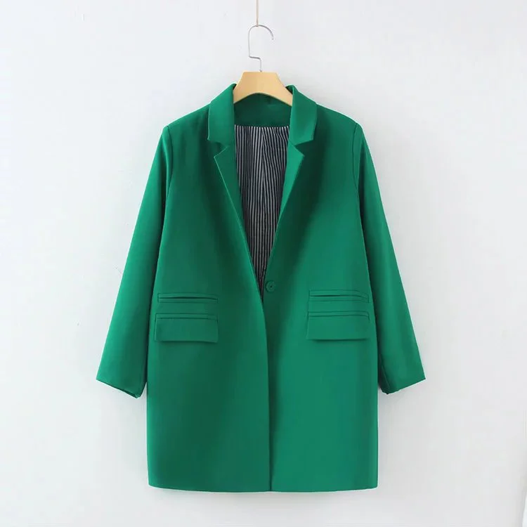 

autumn blazer women elegant plain color medium-long design long sleeve office lady suit jacket green black plus size 3XL