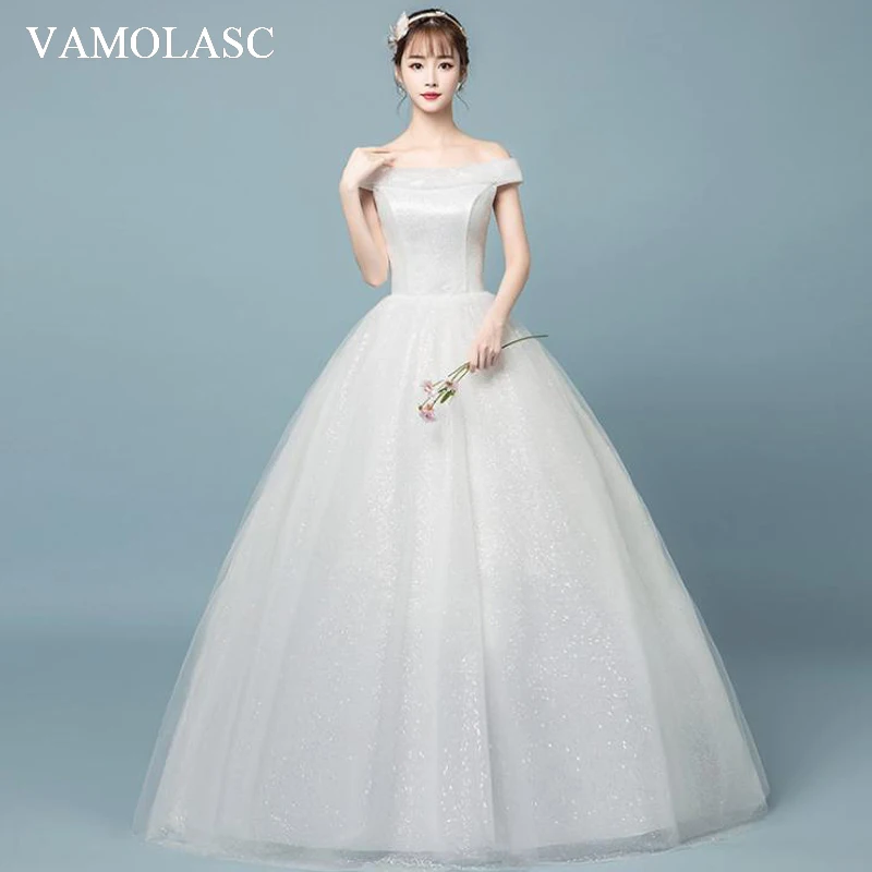 

VAMOLASC Elegant Boat Neck Lace Ball Gown Wedding Dresses Off The Shoulder Sequined Backless Bridal Gowns