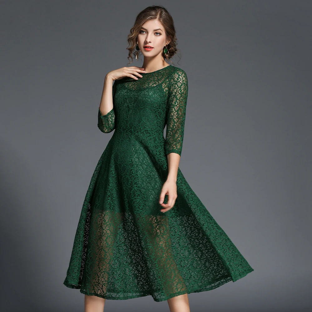 2018 Autumn Ladies Black Dress Plus Size Pink Green Women Lace Dresses ...
