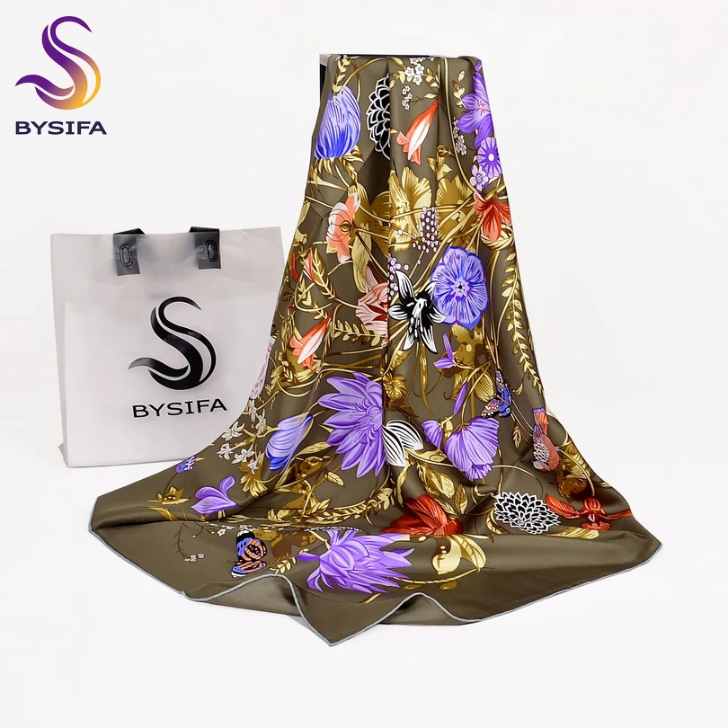 

BYSIFA Army Green Twill Silk Scarf Cape Women Brand Floral Luxury Pure 100% Silk Scarf Shawl Spring Autumn Winter Scarves Wraps