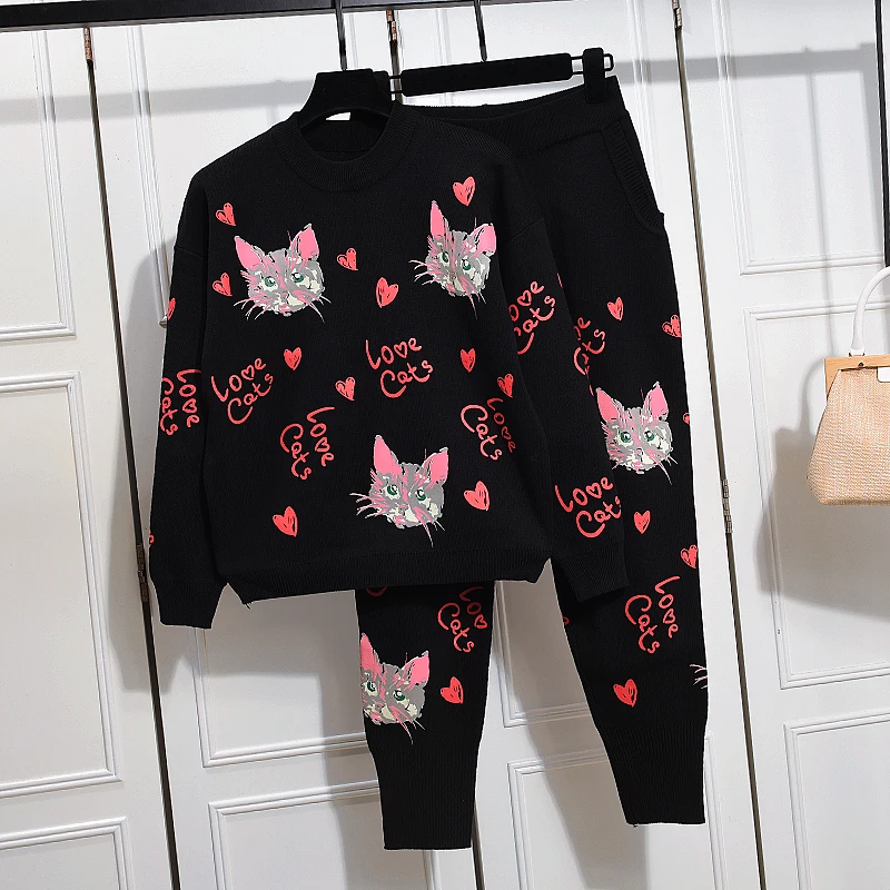 

Chic knitting sets 2019 spring autumn cute cat sweaters +casual pants two piece set Women's leisure suit G065