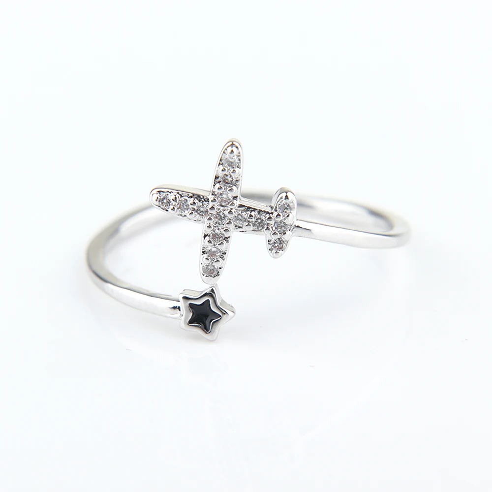 

Fashion Charm Silver Color Adjustable Open Ring Plane Star Crystal Ring Women Girl Finger Jewelry Personality Minimalist