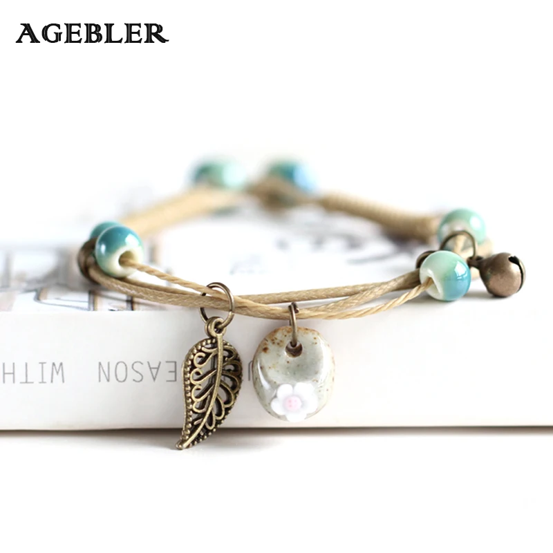 

2018 Hot Ceramic Cute Flower Leaf Pattern Bracelets Handmade Vintage Boho Style Trendy jewellery with Bell gifts for Girl