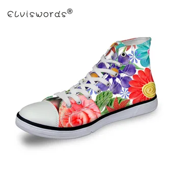 

ELVISWORDS Women High Top Canvas Shoes Classic Female Flower Pattern Vulcanized Sneakers Ladies Casual Student Flat Woman Girls