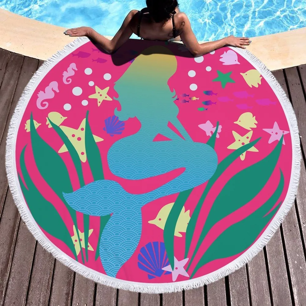 Mermaid Round Beach Towel Microfiber For Girls Women Adults Cartoon Cute Large Thick Terry Cloth
