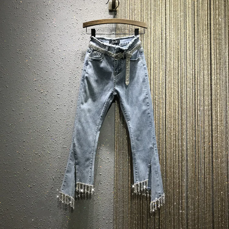 

[EWQ] 2019 Spring Autumn New Pattern High Wiast Denim Patchwork Sequin Ankle Length Pants High Street Jeans Women AG74605XL