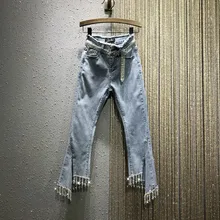 [EWQ], весна-осень, узор, высокая талия, деним, пэтчворк, с блестками, длина по щиколотку, брюки, высокая уличная мода, джинсы для женщин, AG74605XL