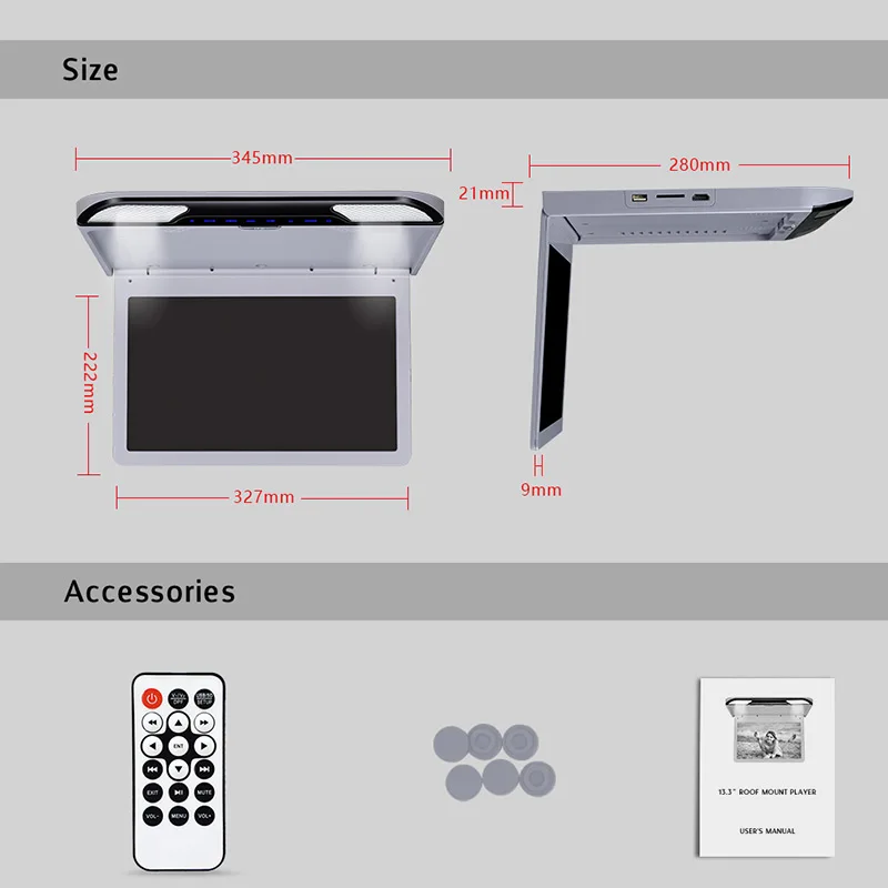 13,3 дюймов 1920*1080 Автомобильный потолочный верхний отвесной монитор MP5 видеоплеер встроенный динамик FM HDMI SD 2 беспроводные ИК-наушники