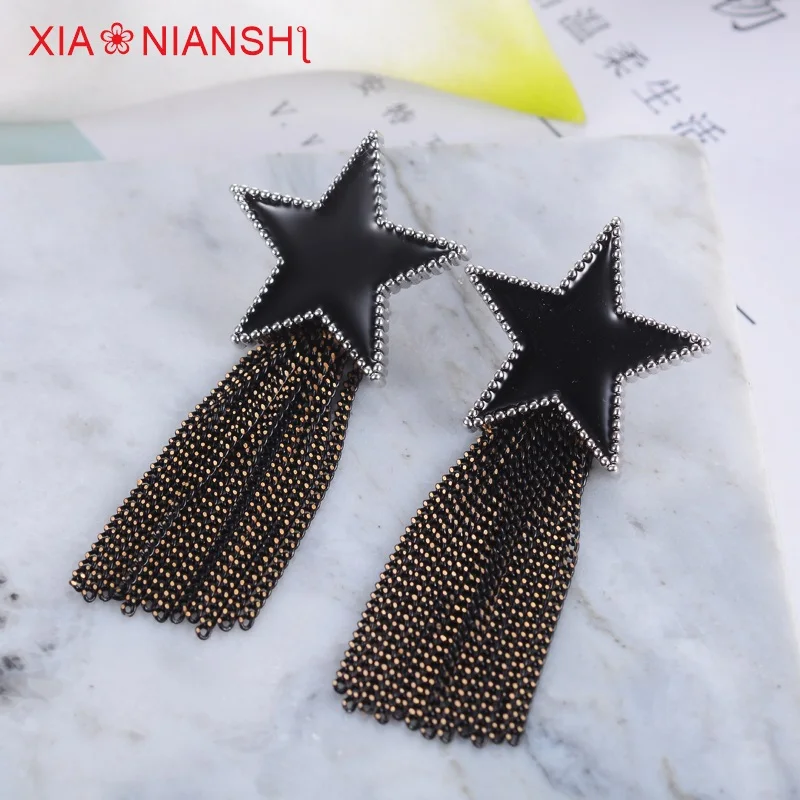 HTB1IIitQFXXXXbvXXXXq6xXFXXX0 - Vintage Enamel Black Earrings Fashion Five-pointed Star With Copper Wire Tassels Long Earrings Star Brincos Jewelry For Women