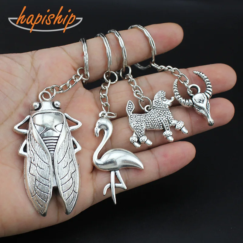 

Hapiship Women/Men's Fashion Vintage Silver Animal Mouse Dog Deer Butterfly Key Chains Key Rings Alloy Charms Gift YSED4460