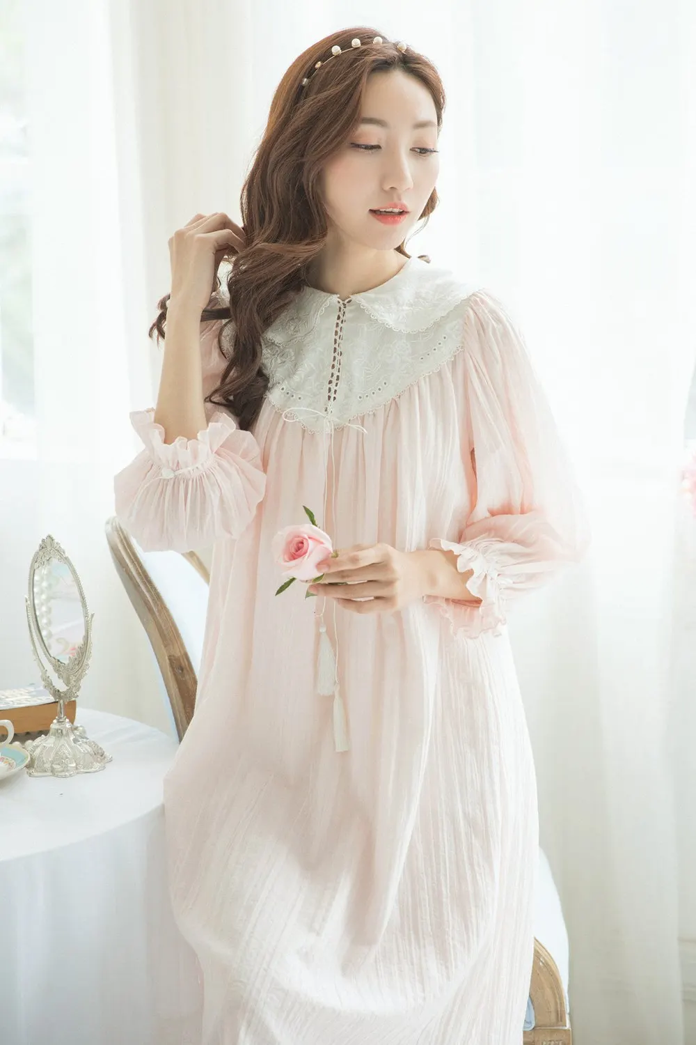 Victorian Period Romantic Long Sleeve Peter Pan Collar Nightgown Dress ...