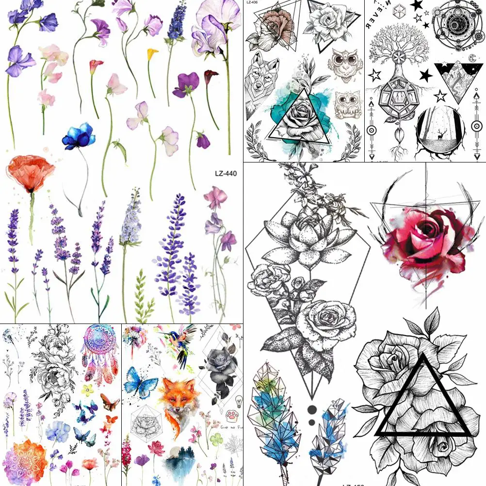 

Watercolor Flower Lavender Temporary Tattoos Stickers For Women Geometric Rose Floral Large Arm Tattoo Boho Custom Tatoos Girls