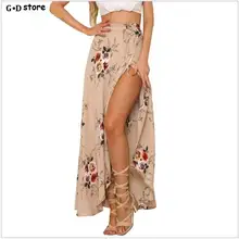Нерегулярные длинная юбка Для женщин Винтаж белый Цветочный принт с боковыми Обёрточная бумага макси юбка Boho летние пляжные Юбки для женщин