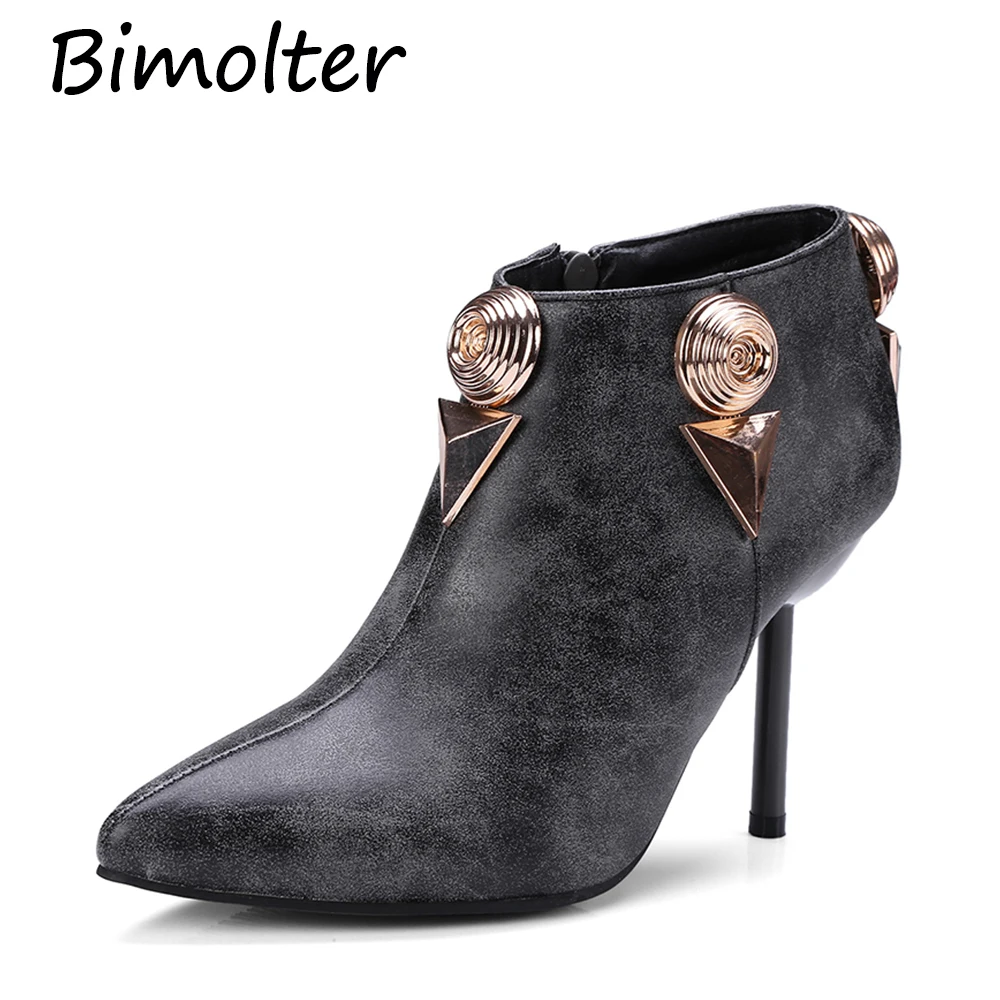 

Bimolter Ladt Sexy Black Metal Decoration Ankle Boots Women High Heels Pointed Toe Boots Winter Warm Shoes Big Size32-43 PAEA036