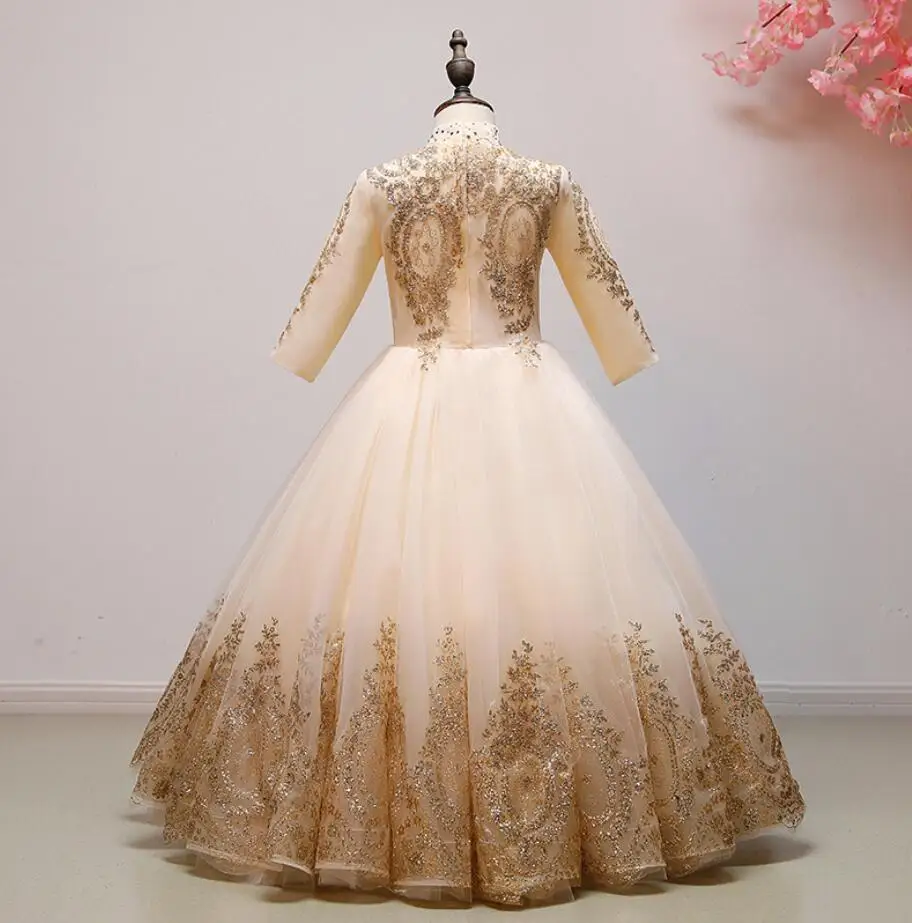 Gold Flower Girl Princess Evening Gown With Jewel Neckline, Lace Appliques,  Beads, And Colorful Sequins Perfect For Pageants, Birthdays, Or Special  Occasions 2023 Collection From Weddingpromgirl, $111.35 | DHgate.Com