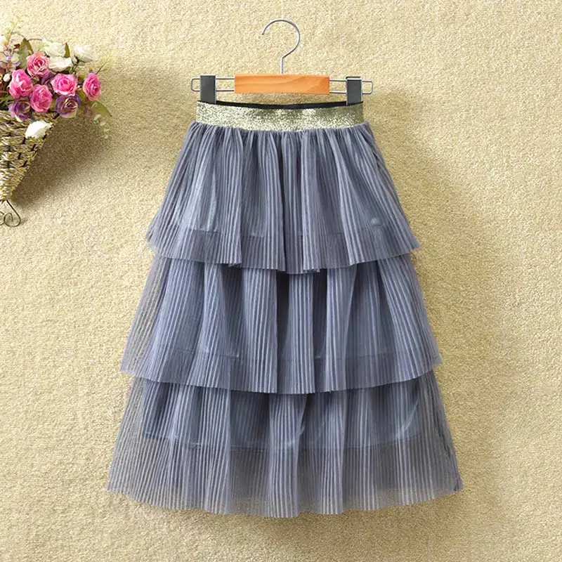 Длинная юбка для девочек для 2-12Years большая детская одежда для девочек юбка 3-Слои торт юбки в складку, подростковые юбки для девочек летние Повседневное - Цвет: SK3333-dark gray