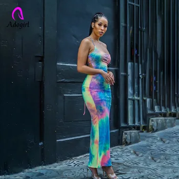 

Adogirl Tie Dye Long Maxi Dress for Women Sundress 2019 New Side Slit Backless Festival Bandage Beach Dresses Summer Vestidos