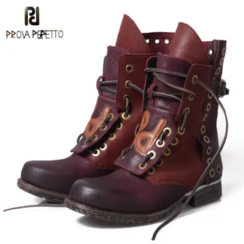 

Prova Perfetto Autumn Winter Boots Lace Up Mid-Calf Boots Metal decoration Genuine Leather Boots Mixed Color Short Bota Feminina