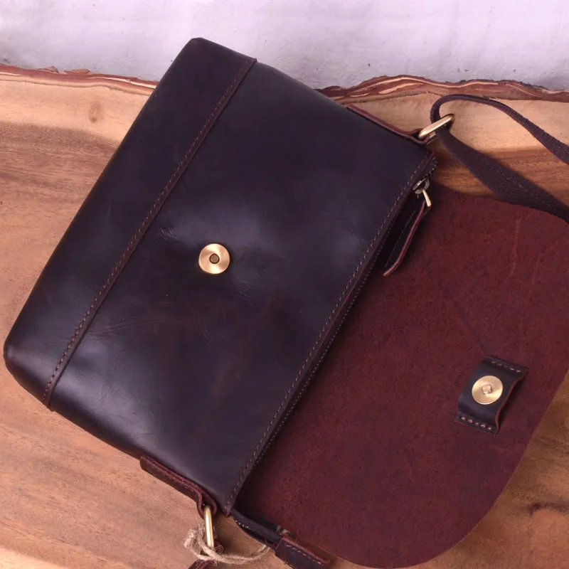 EUMOAN Handmade men's shoulder bag, men's casual head layer cowhide slant bag, vintage leather horse small bag