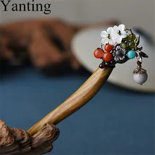 Винтажная зеленая палочка для волос Yanting из сандалового дерева с цветком, этнические аксессуары для волос для женщин, китайская заколка для волос в дворцовом стиле 0134