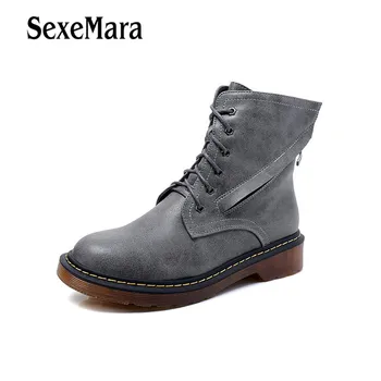 

SexeMara Women Martin Boots Black Round Toe Ankle Short Boots Female Lace up Gray PU Leather Punk Plus Size 43 44 Shoes