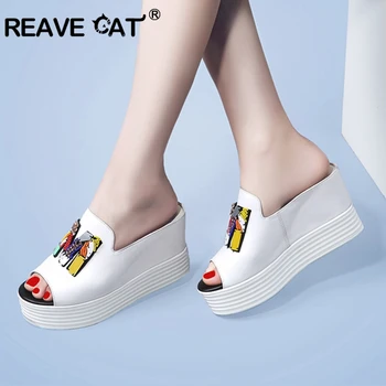 

REAVE CAT Women's slipper Summer sandal high heel Platform slippers peep toe Wedges Slip on Female Slides mules Big size 40