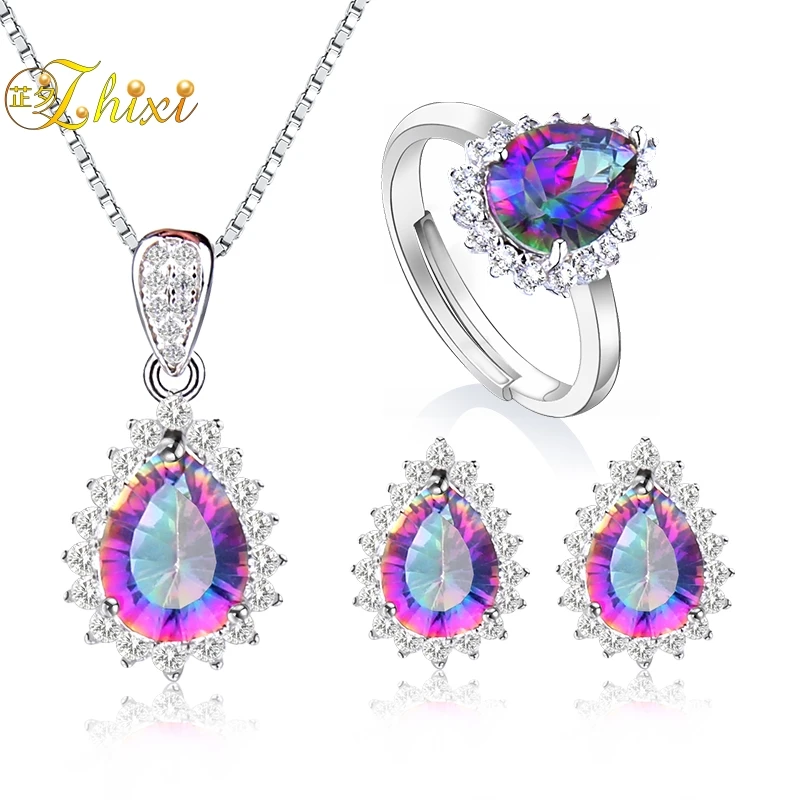 

ZHIXI 925 Sterling Silver Jewelry Topaz Necklace Pendant Rings Earrings Rainbow Multi-colour Wedding Jewelry Set For Women T239