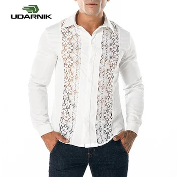 

Men's Crochet Floral Lace Long Sleeve Slim Shirt Casual Party Wedding Blouse Top Clubwear Black White Turn-down Collar 903-B224
